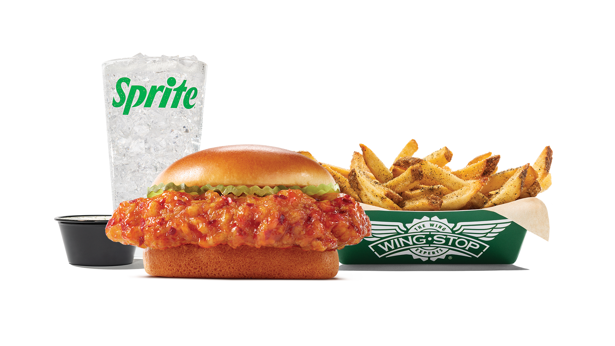 1 crispy, juicy chicken sandwich with pickles in your choice of flavor, regular fries or veggie sticks, 1 dip and a 20oz drink