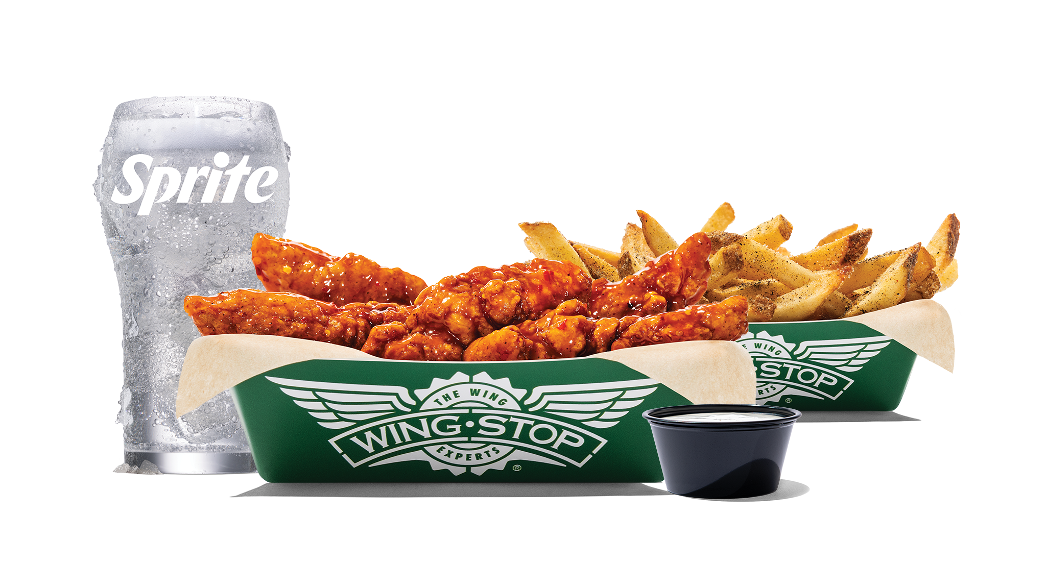 5 of our Crispy Tenders with 2 flavors, regular fries or veggie sticks, 1 dip and a 20 oz drink
