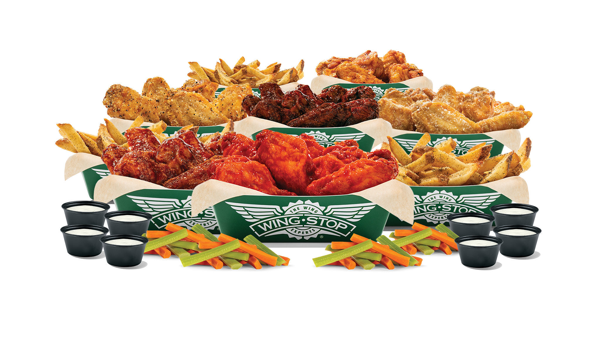 100 Boneless or Classic (Bone-In) wings with up to 6 flavors, 4 large fries, 4 veggie sticks and 8 dips. (Feeds 13+)