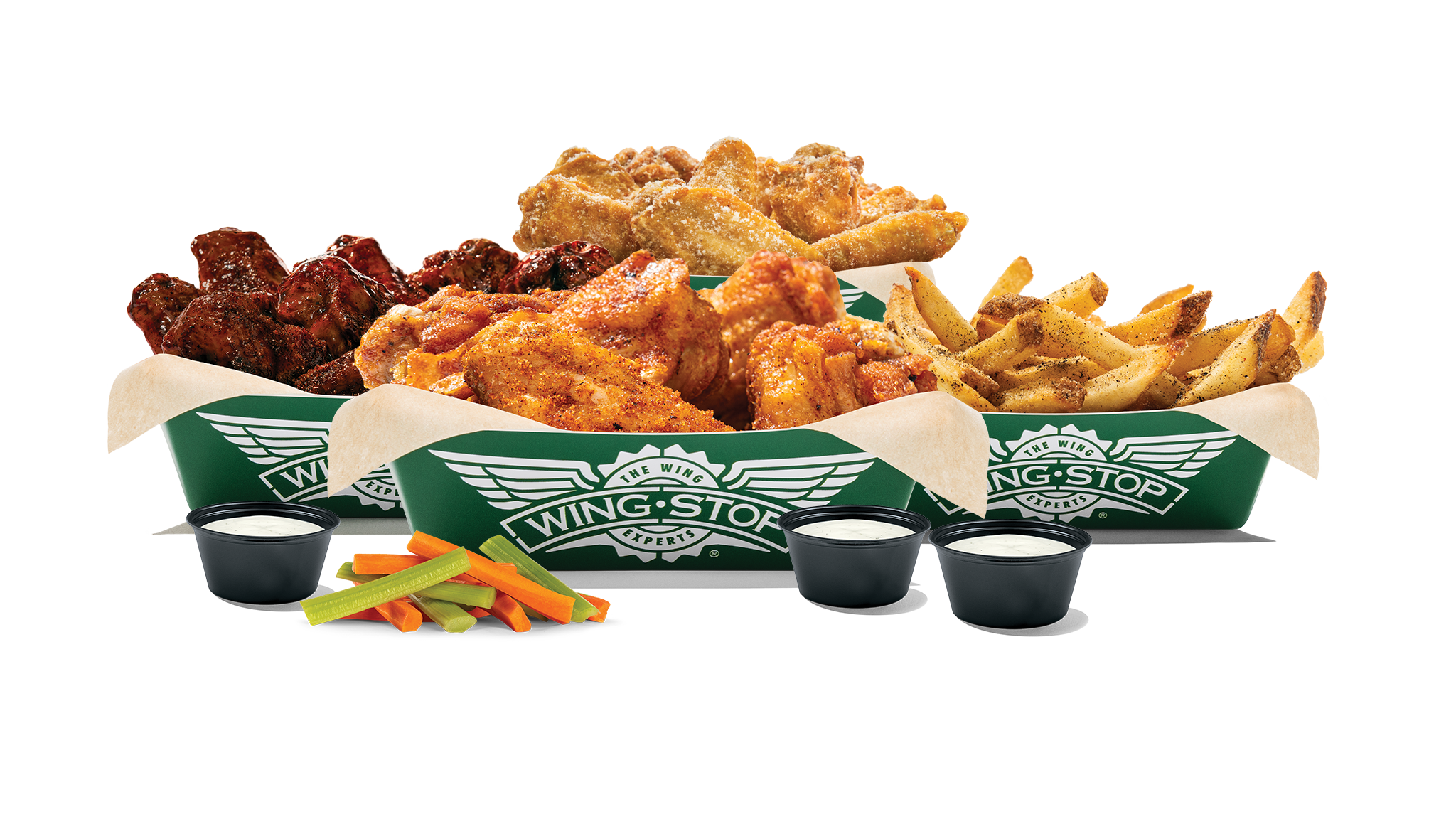 30 Boneless or Classic (Bone-In) wings with up to 3 flavors, large fries, veggie sticks and 3 dips. (Feeds 4-5)
