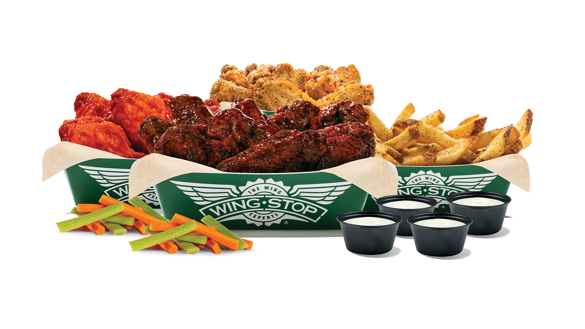 40 Boneless or Classic (Bone-In) wings with up to 4 flavors, large fries, 2 veggie sticks and 4 dips. (Feeds 5-6)