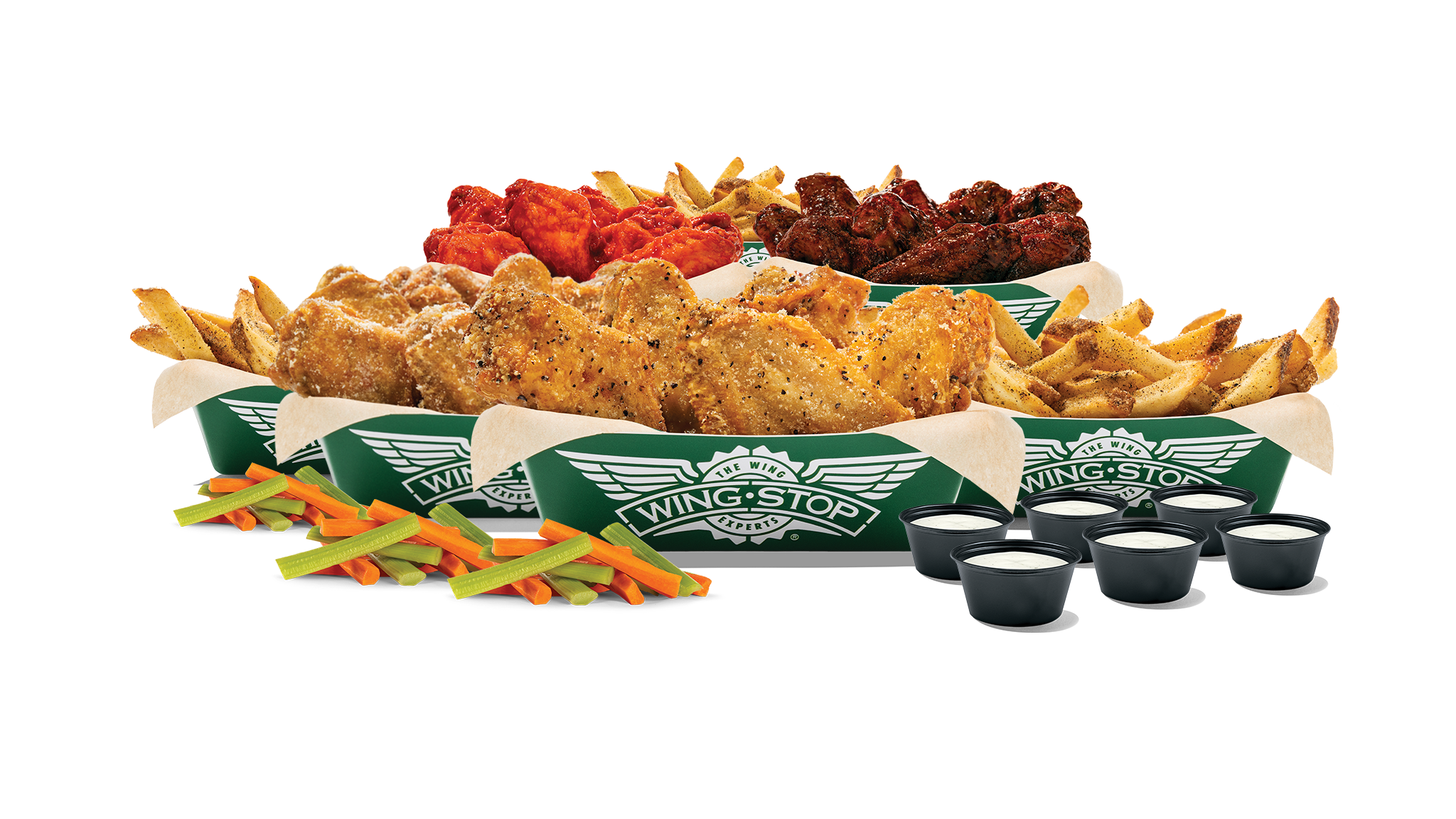 75 Boneless or Classic (Bone-In) wings with up to 5 flavors, 3 large fries, 3 veggie sticks and 6 dips. (Feeds 9-13)